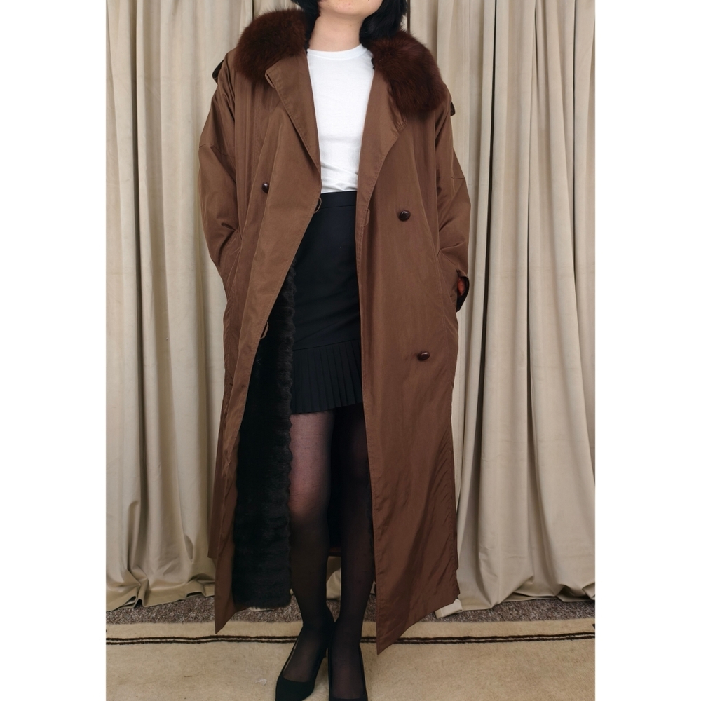 Vintage Bronze Brown Fur-Trimmed and Lined Full Length Trench Coat
